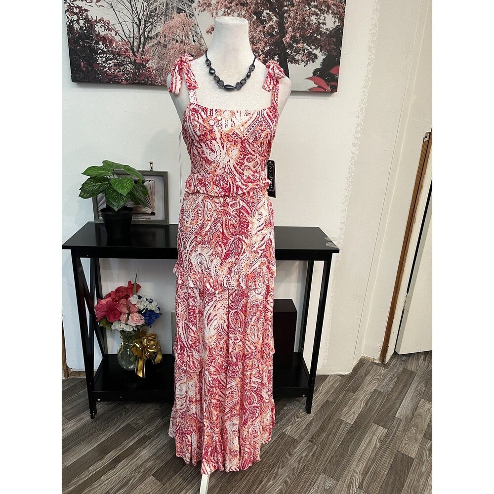 IVY Street Women Pink Paisley Tiered Maxi Sun Dress Ruffle Tie Strap Boho Size S